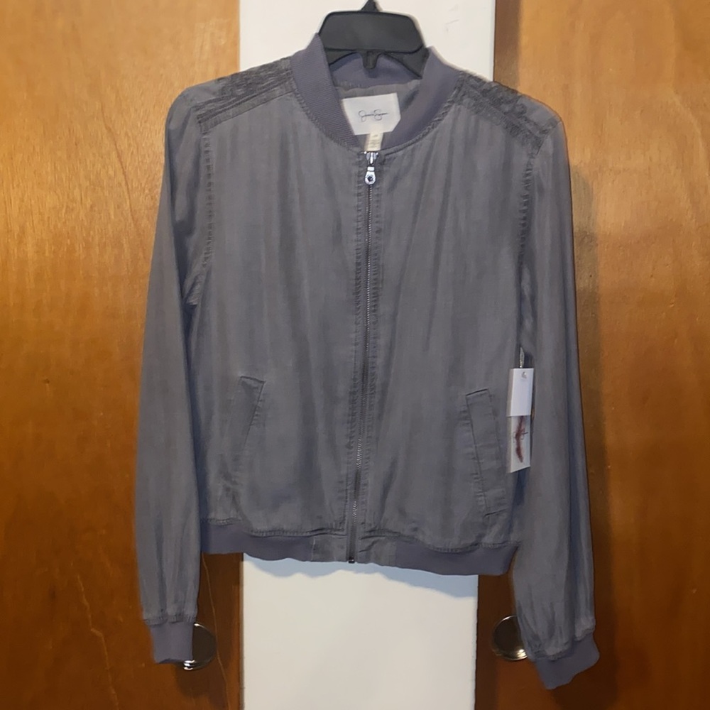 🩶NWT Jessica Simpson Embroidered Light Bomber Jacket in Light Grey